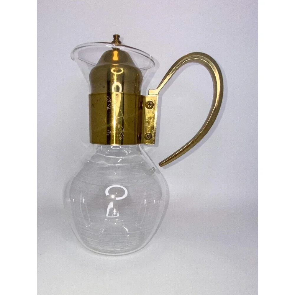 Vtg 70s Princess House Heritage Carafe Corning Glass Bronze Handle Tea Coffee